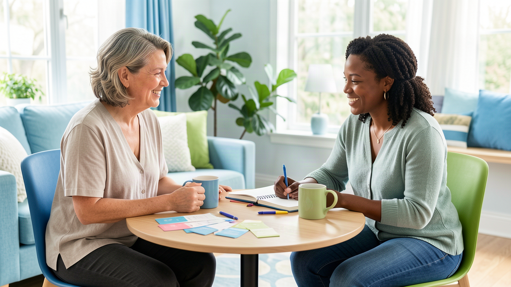 Two people in a warm conversation at a table with prompt cards, journals, and mugs