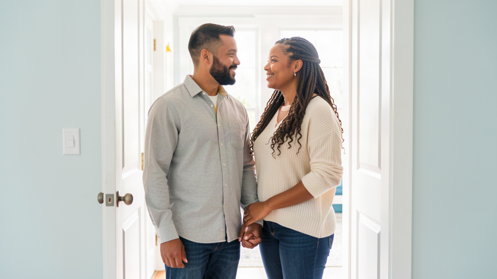 Married couple standing together in a bright home doorway