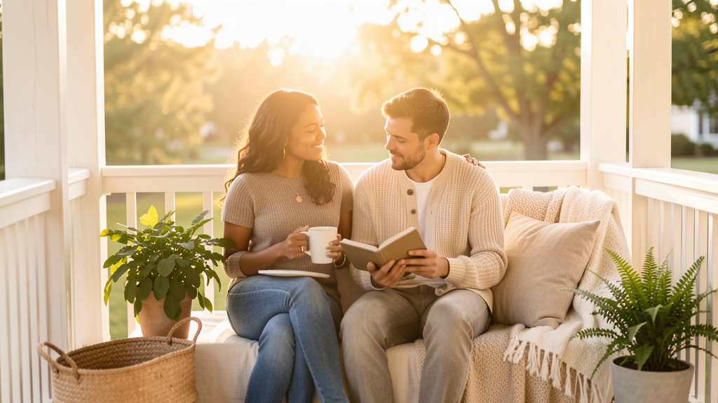 Couple sharing coffee and a notebook on a peaceful porch